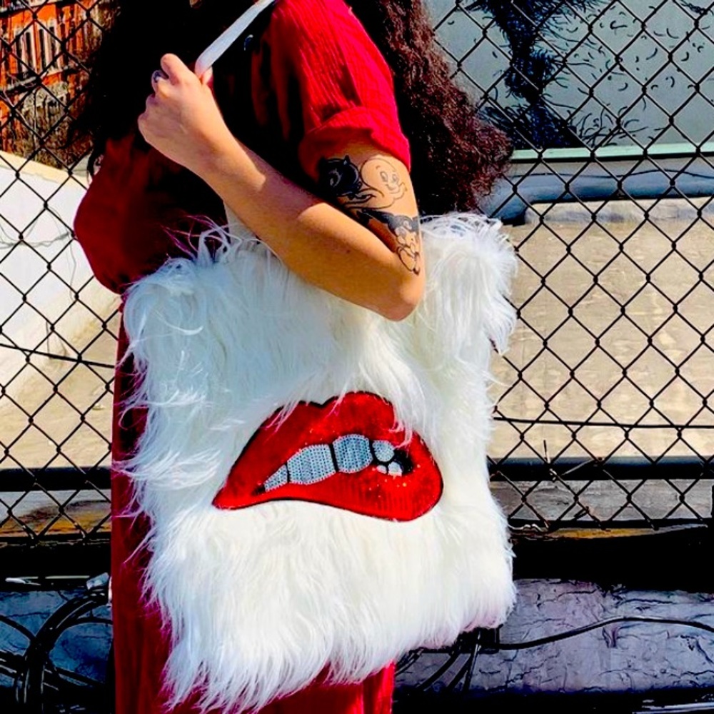 White faux fur tote bag with sequin lips!